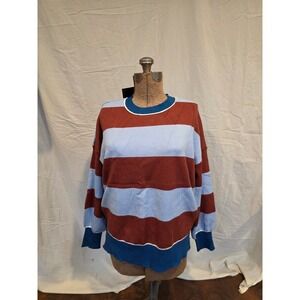 ETCYY Sweater Blue Rust Brown Striped Crew Neck Knit Men Size L